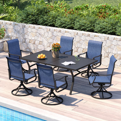 70.9"L Outdoor Dining Set with Extra Large Rectangular Dining Table and 6 PVC-coated polyester Swivel Chairs 