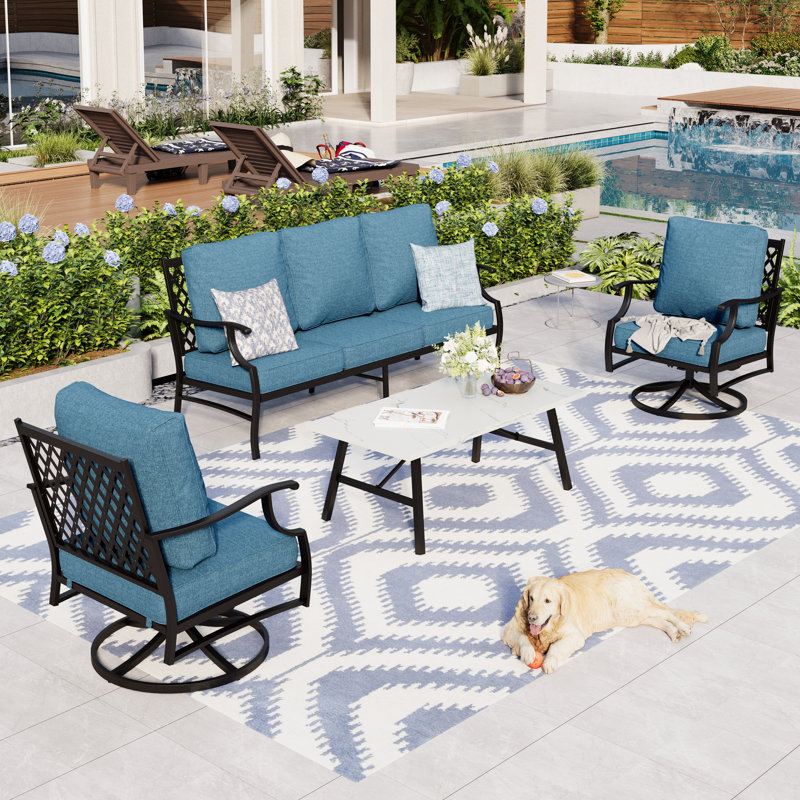 Asfand 5-Person Metal Patio Conversation Set with Swivel Lounge Chairs, Cushion Pro Denim Blue Performance Basketweave, No
