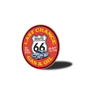 Panneau «Last Chance Gas and Oil On Route 66» en aluminium