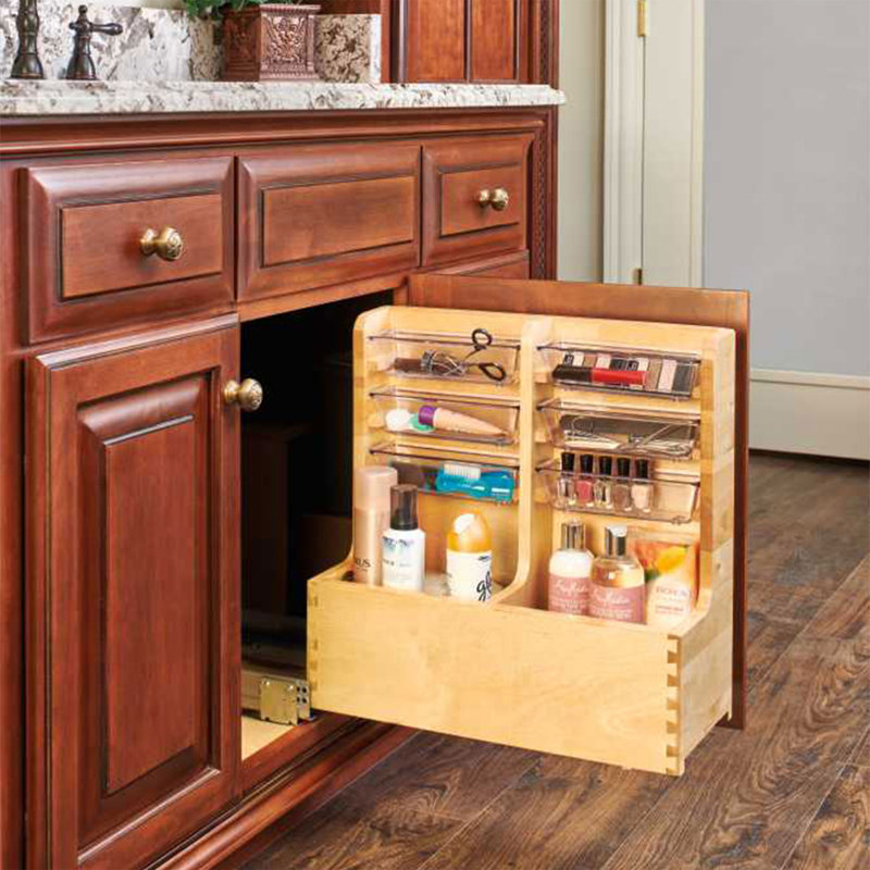 Maple Wood L-Shaped Vanity Cabinet Organizer with Soft-Close Slides