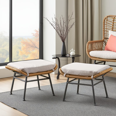 Ensemble de 2 repose-pieds d'extérieur beige + brun en faux rotin avec cadre en fer et coussins résistants à l'eau
