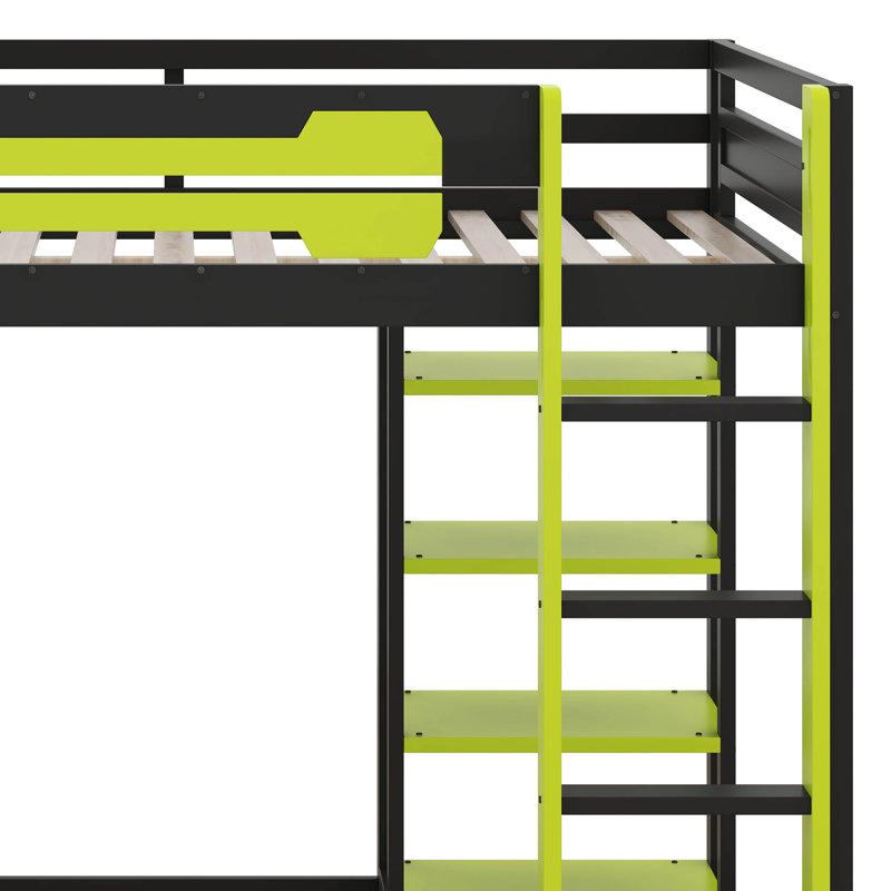 Full Loft Bed With Desk, RGB LED Light & Charging Station, Wood Bed With Desk Underneath, Black/Green