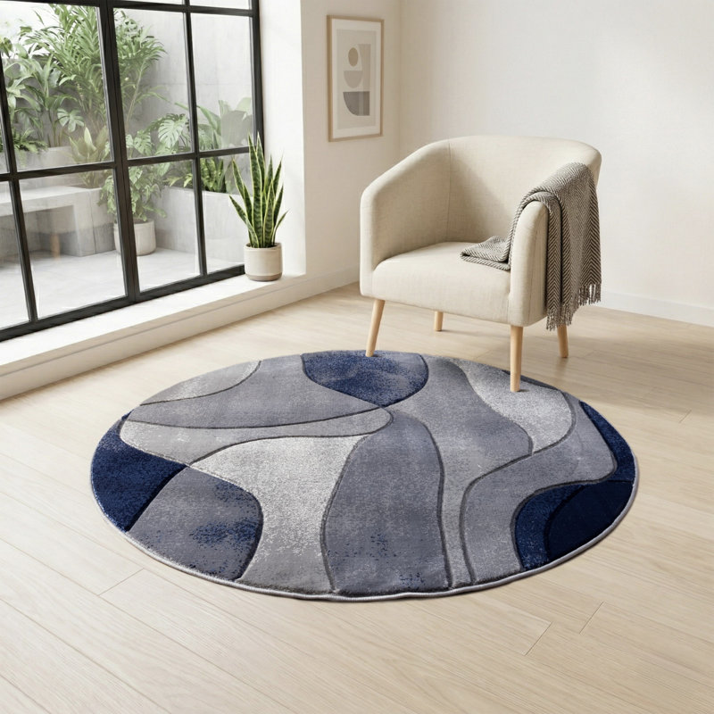 Tapis bleu / gris à motif abstrait moderne et contemporain de la collection Alexia, Rond 5 pi 2 po