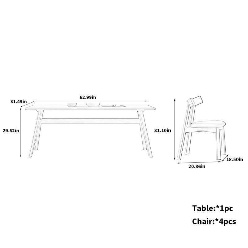 Table and Oak Chairs Modern Set, 29.52''H x 62.99''L x 31.49''W