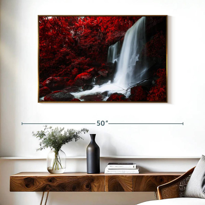Chute d'eau rouge d'automne, Cadre flottant doré, 40 po x 27 po