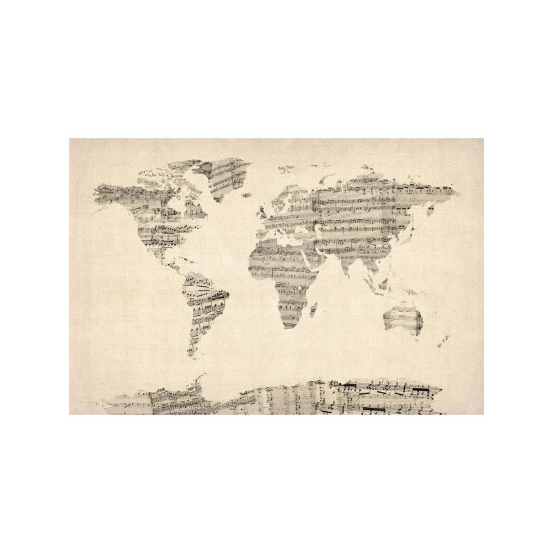 Old Sheet Music World Map by Michael Tompsett - Print on Canvas, No Frame, 66.04 cm H x 45.72 cm W x 3.175 cm D