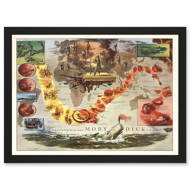 Map Everett 1956 Melville Moby Dick Voyage of Pequod Pictorial 1 Piece Single Picture Frame Wall Art