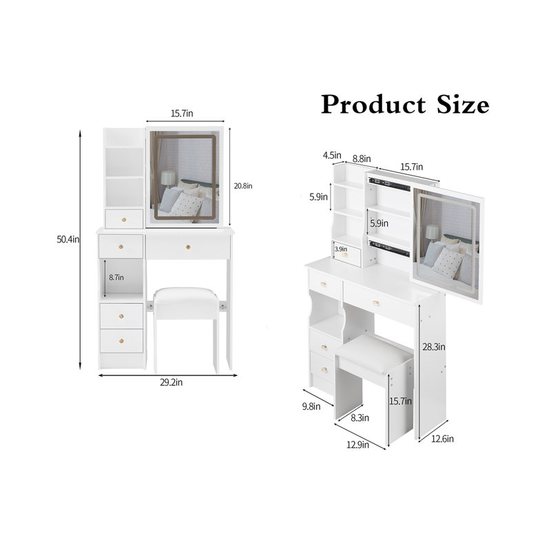 Vanity Table With 1 Stool, White
