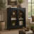 Arnie Bar Cabinet with Shelves, Arched Glass Doors, Black Brown Wood 48 Inch