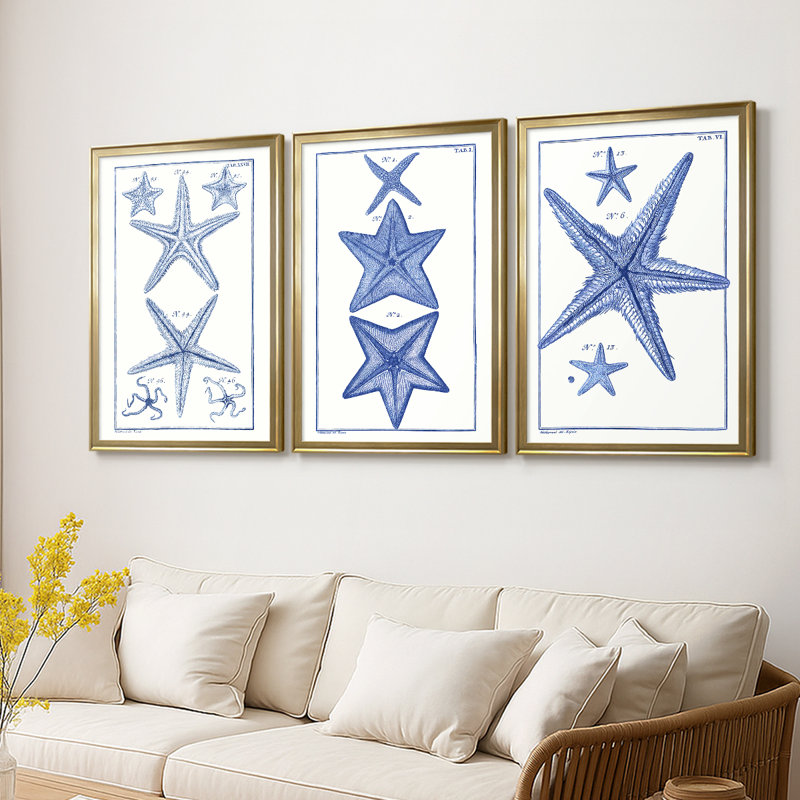 Blue Sea Stars I - Toile tendue avec châssis sur mesure - 3 pièces, H 21 po x l 30 po, Doré