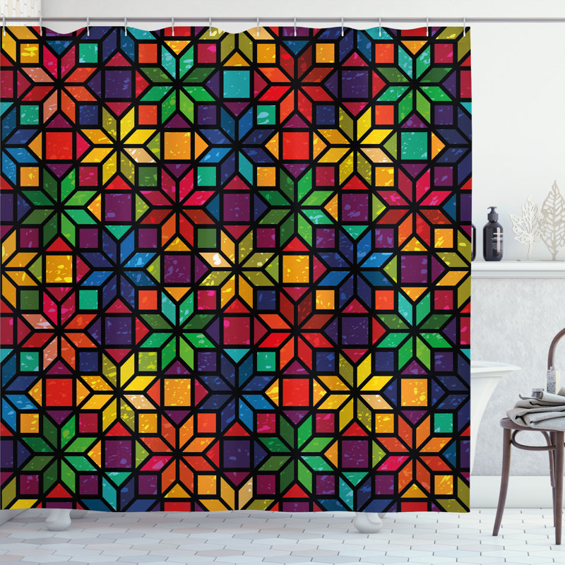 Multicolor Geometric Pattern Water-Resistant Shower Curtain with Hooks