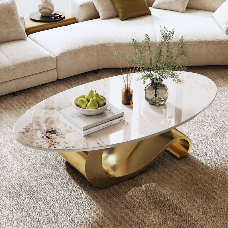 Table basse ovale en faux marbre de 125 cm (49,2 pouces) pour salon, table centrale moderne avec piètement en acier inoxydable pour la décoration intérieure