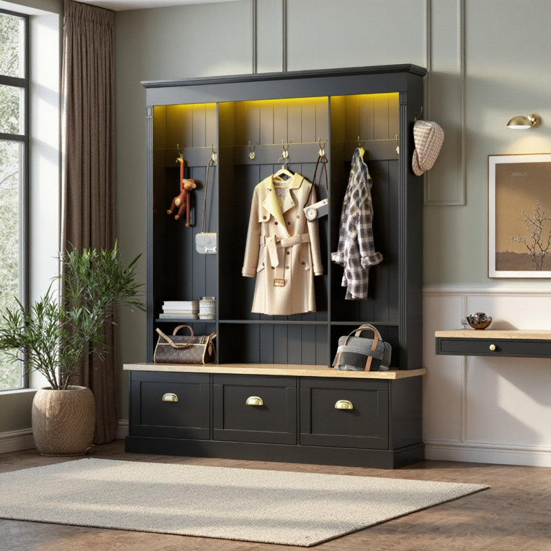 Farmhouse Led Hall Tree With App-controlled Lights – Entryway Storage Bench With 9 Hooks & 3 Cabinets, Roman Column Design