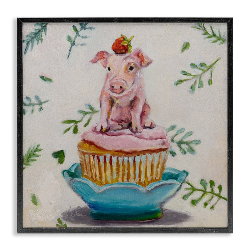 Charmant cochon de tasse de thé sur un gâteau aux fraises - impression, H 12 po x l 12 po, Cadre noir