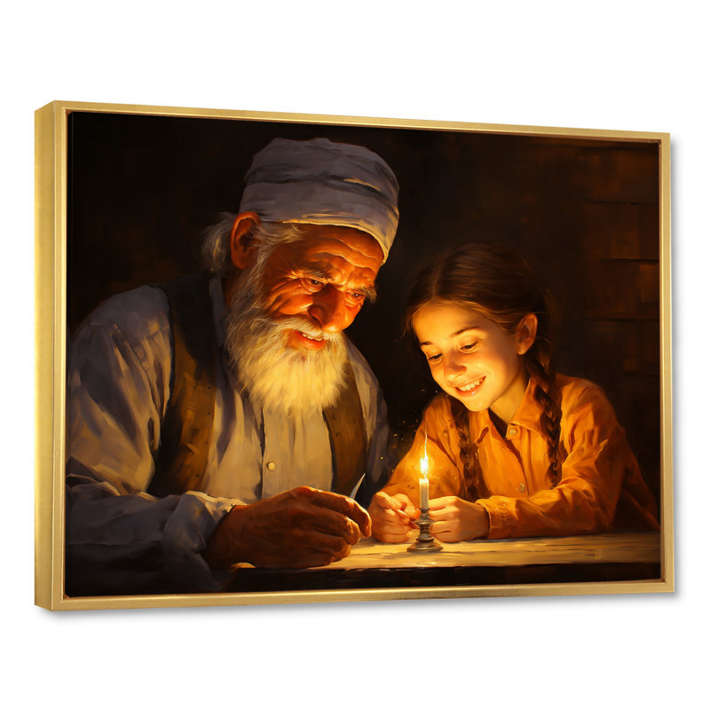 Judaïsme famille bougie Shabbat sérénité - impression, Cadre flottant doré, H 34 po x l 44 po x P 1,5 po
