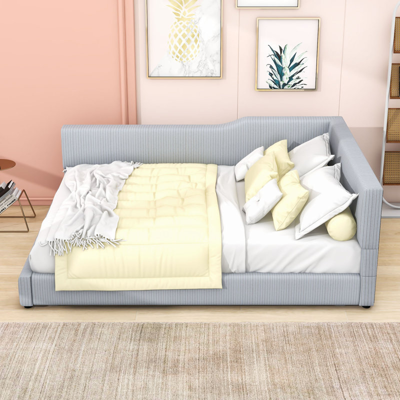 Adames Wood L-Shaped Corduroy Daybed, Gray, Full/Double
