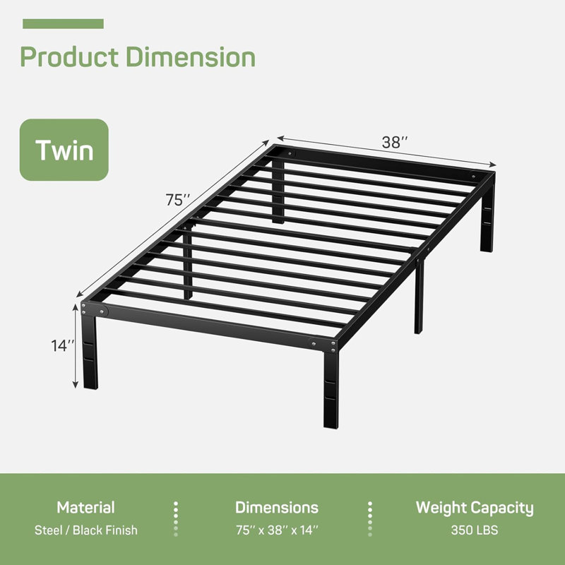 Bed Frame, Metal Platform Frames No Box Spring Needed, Heavy Duty With Storage Space, 14 Inches High, Sturdy Steel Slat Support