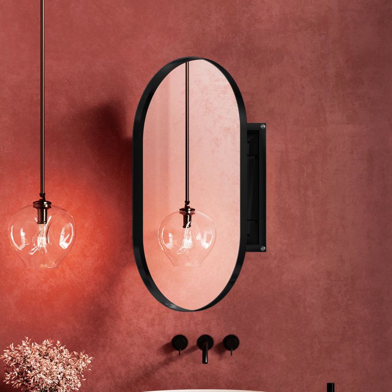 Armoire de salle de bain 20 po x 34 po avec tablettes réglables, cadre ovale encastré, cadre et miroir en métal noir mat, armoire de rangement ovale de style classique, miroir, solution pratique pour miroir