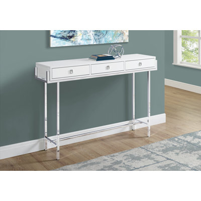 Narrow Console Accent Table With Storage Drawer, Glossy White/Chrome Metal, Modern Design | Gift Idea