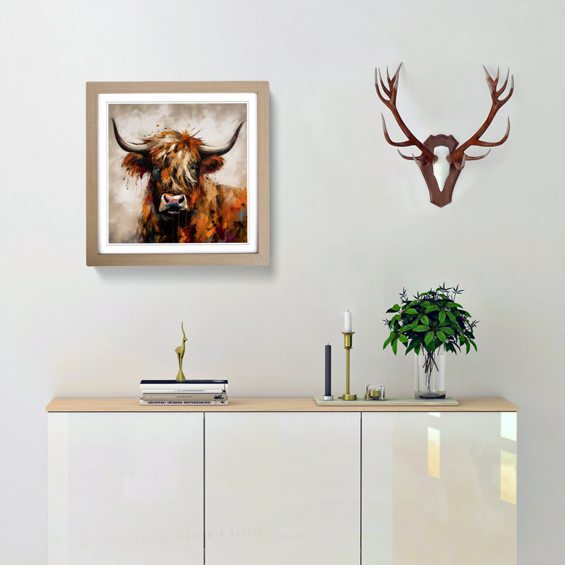 Highland Cow Abstract - Single Picture Frame Print on Wood, Oak
