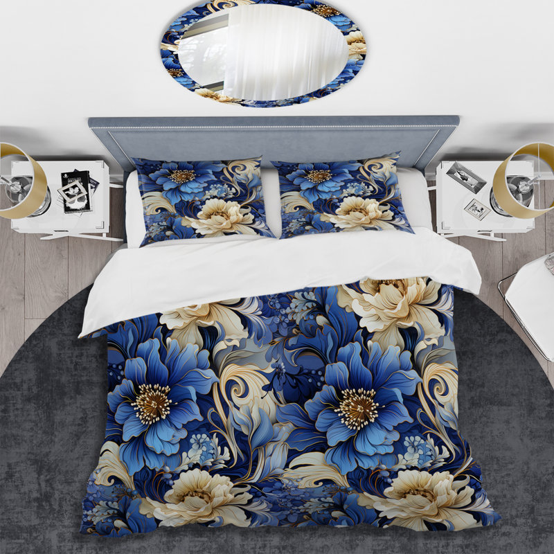 Ensemble de housse de couette Cobalt Blue Art Nouveau Victorian, Housse de couette simple + 1 taie décorative stan