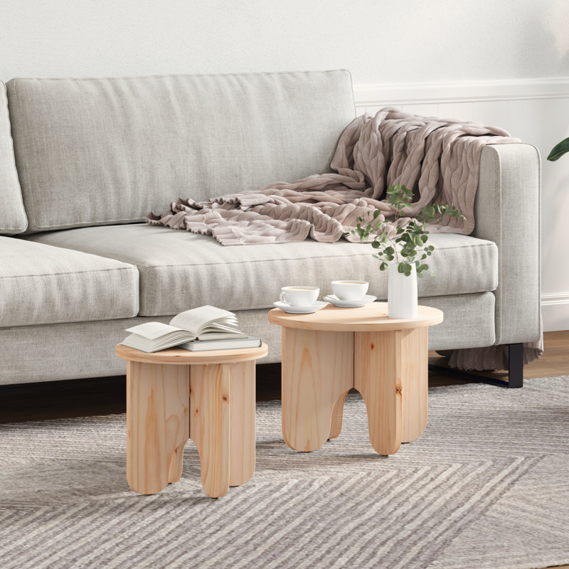 Coffee Table Solid Pine wood Round Modern Living Room Low Indoor, Natural