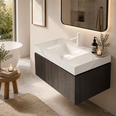 Meuble-lavabo 36 po, meuble de rangement flottant en contreplaqué avec tiroir et porte, comptoir en pierre frittée et lavabo en céramique avec 1 trou de robinet pré-percé, pré-assemblé