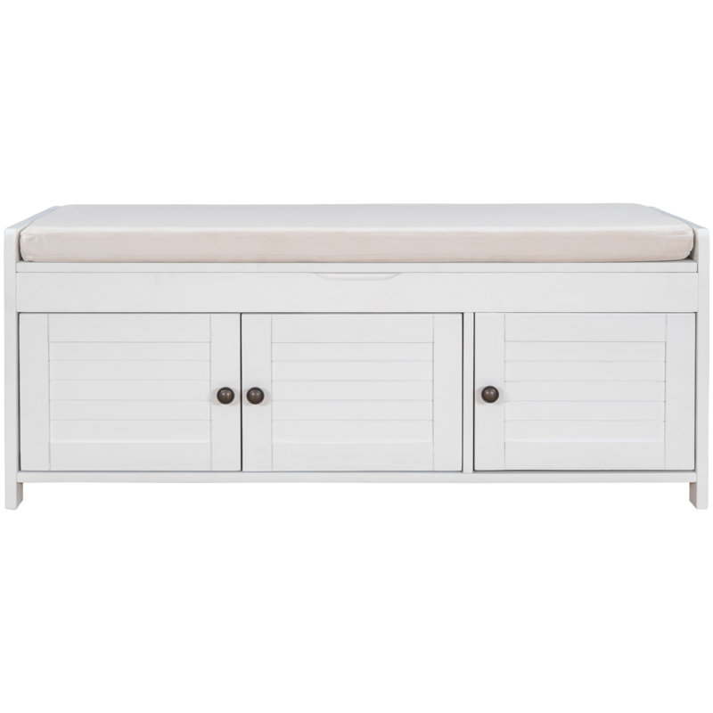 Storage Bench With 3 Shutter-Shaped Doors, Shoe Bench With Removable Cushion And Hidden Storage Space (White), White