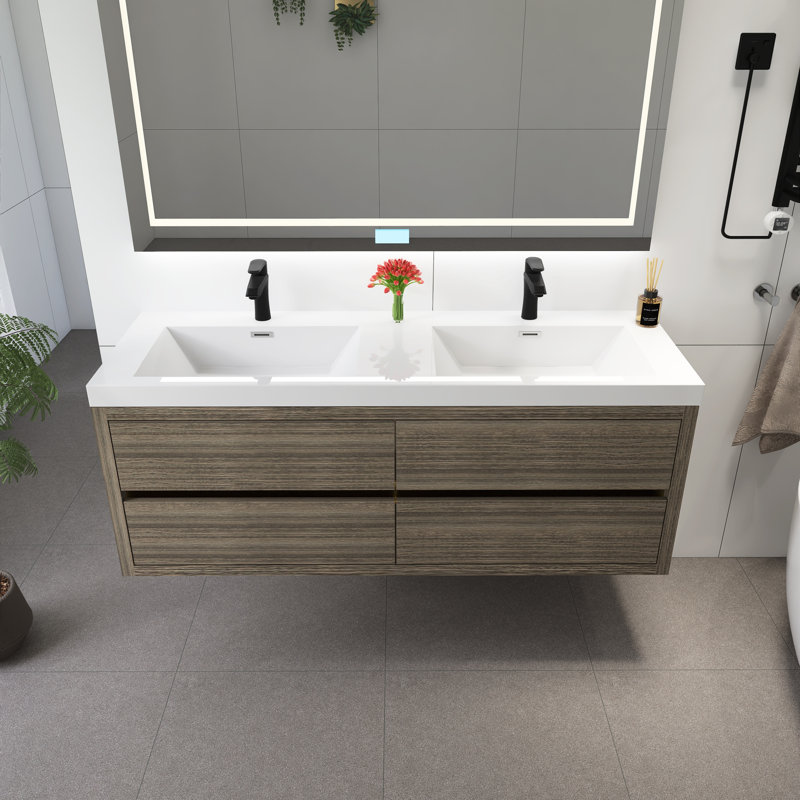Meuble-lavabo mural 60 po avec lavabo, Bois de frêne gris