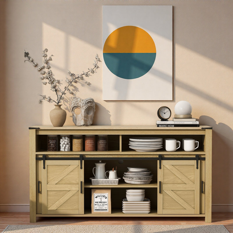 Farmhouse Sideboard With Sliding Barn Door, Mesh Panels And Open Storage, Natural