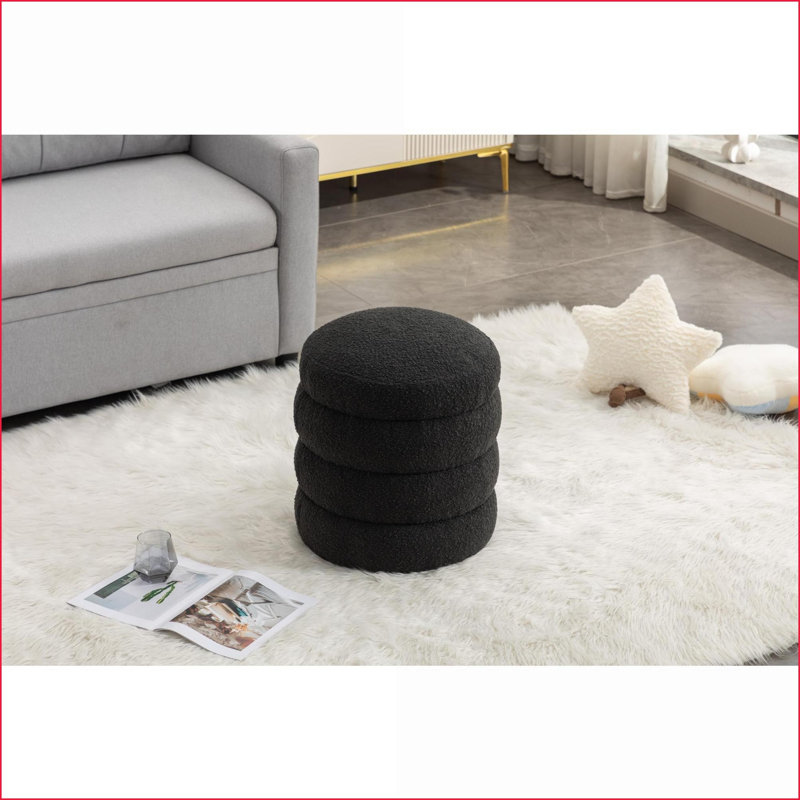 Ottoman Round Footrest Stool for Living Room Bedroom | Soft Boucle | Black