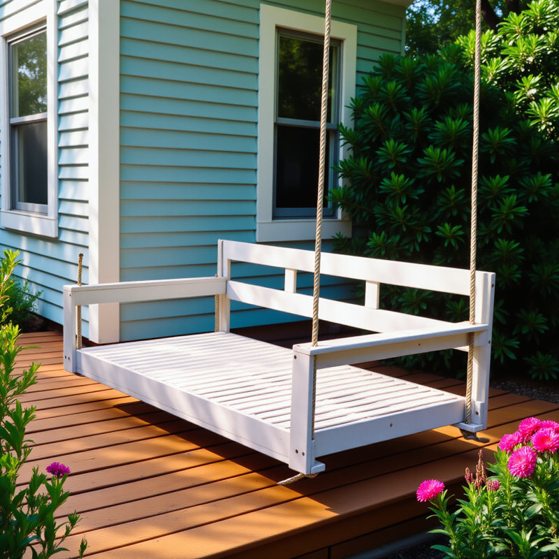 Structure de lit de jour de balançoire de véranda en bois pour patio, banc de balançoire de jardin avec 4 cordes de suspension pour la cour, extérieur, blanc