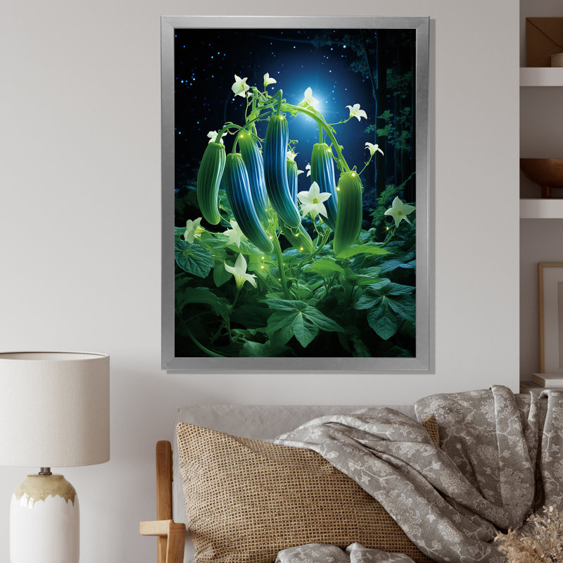 Fleur de concombre, art mural fleurs, H 20 po x l 12 po x P 1 po, Cadre simple argenté