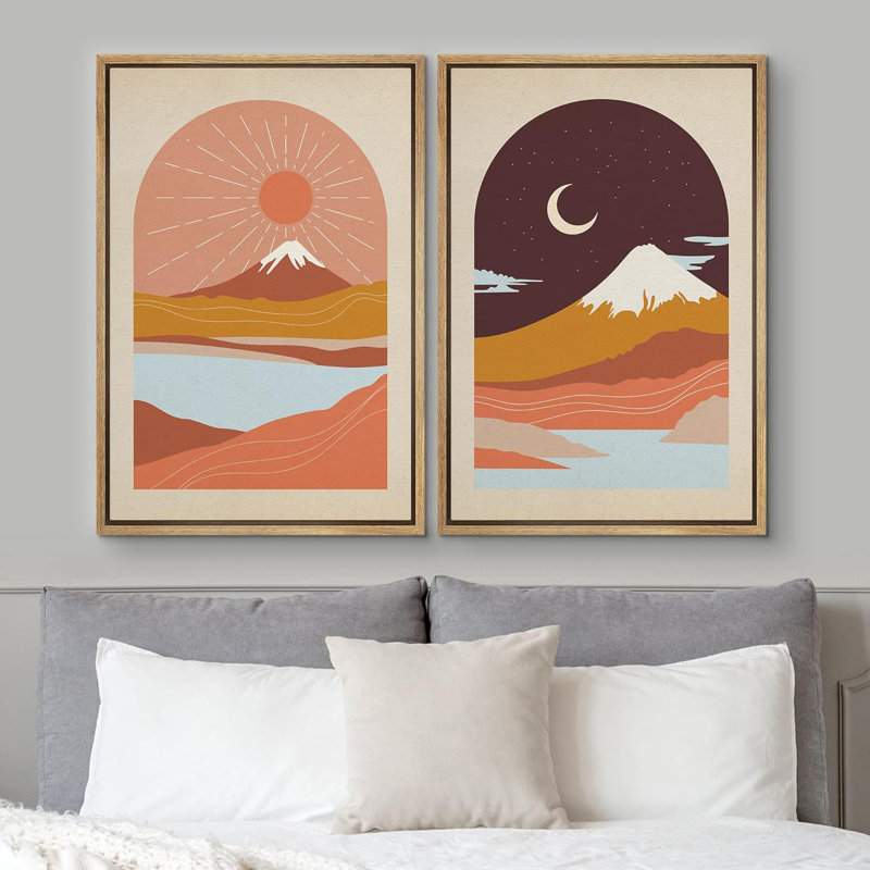 "Western Mountain Sun & Moon Nature Landscape", art moderne sur toile encadrée, 2 pièces, Cadre naturel flottant