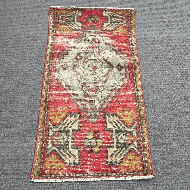 Tapis rétro en laine, tapis géométrique rouge 20,1 x 38,2 po