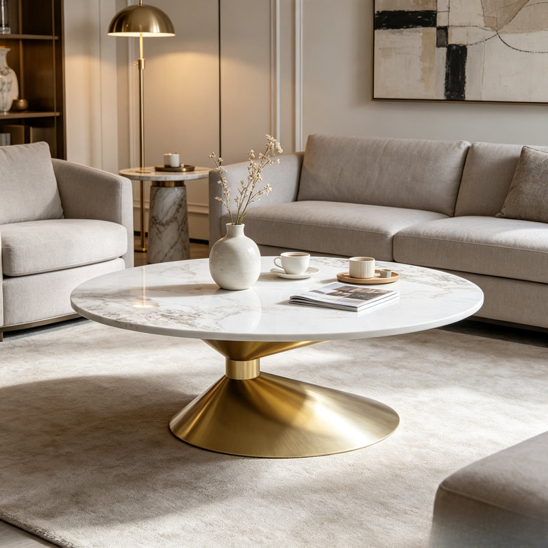 Table basse ovale en faux marbre (dorée) de 125 cm, piètement incurvé en acier inoxydable
