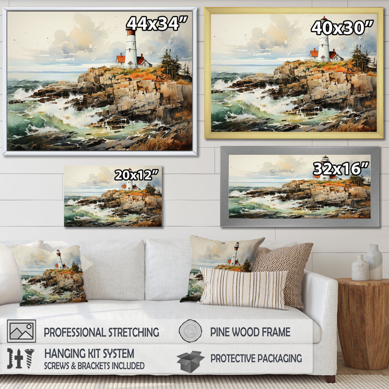 «Coastal Light House Minimal Landscape I», reproduction sur toile, Cadre flottant blanc, H 16 po x l 32 po x P 1 po