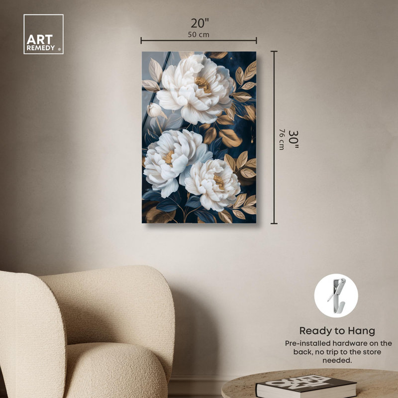 Décoration murale "Fleurs blanches et feuilles dorées" par Art Remedy, H 30 po x l 20 po