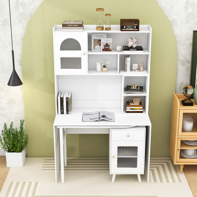 Desk with 90° Rotating Desktop, Storage Drawer, Cabinets and Shelves
