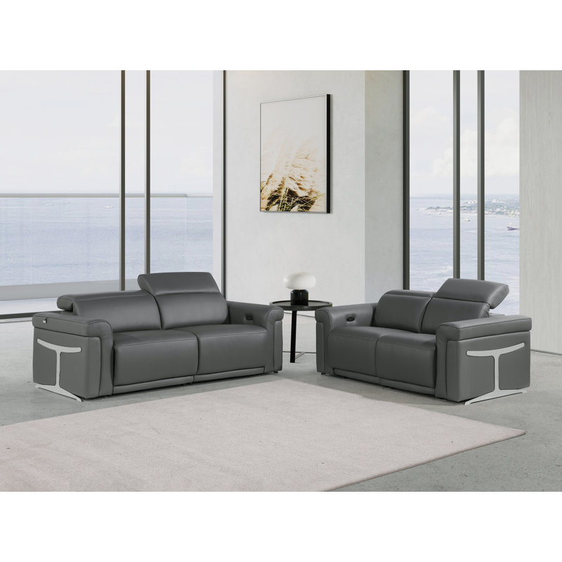 Ensemble de salon inclinable en cuir italien 2 pièces Doniece, Cuir véritable gris foncé