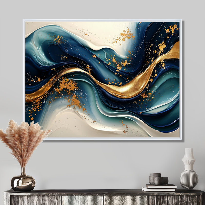 «Emerald Stone Fusion On Blue River IV - Abstract Modern Waves», art mural sur toile, H 34 po x l 44 po, Cadre flottant