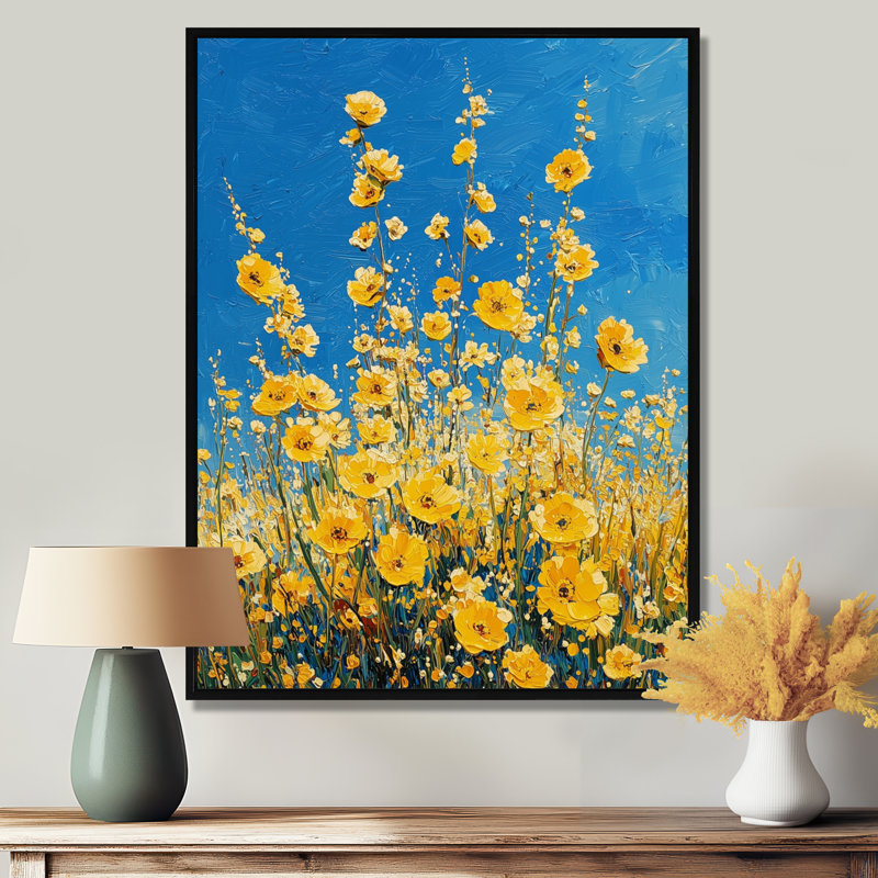 «Yellow Daylight Joy Wildflowers III - Wildflowers», art encadré, Noir, Reproduction avec cadre flottant, H 20 po x l 12 po