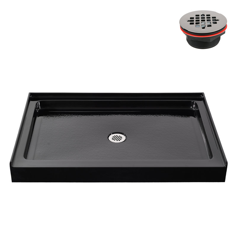 Base de douche 48 po x 32 po en alcôve en acrylique noir brillant avec bonde centrale, bonde incluse, Noir lustré