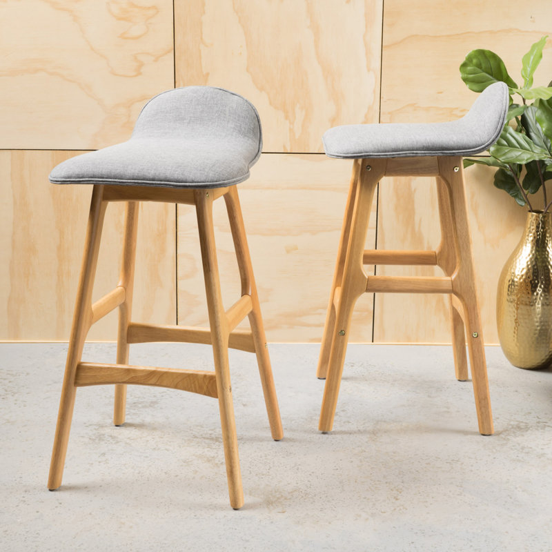 Mid-Century Modern Upholstered Low Back Barstools, Set Of 2, Durable And Stylish For Any Home Or Bar, Natural, Grey