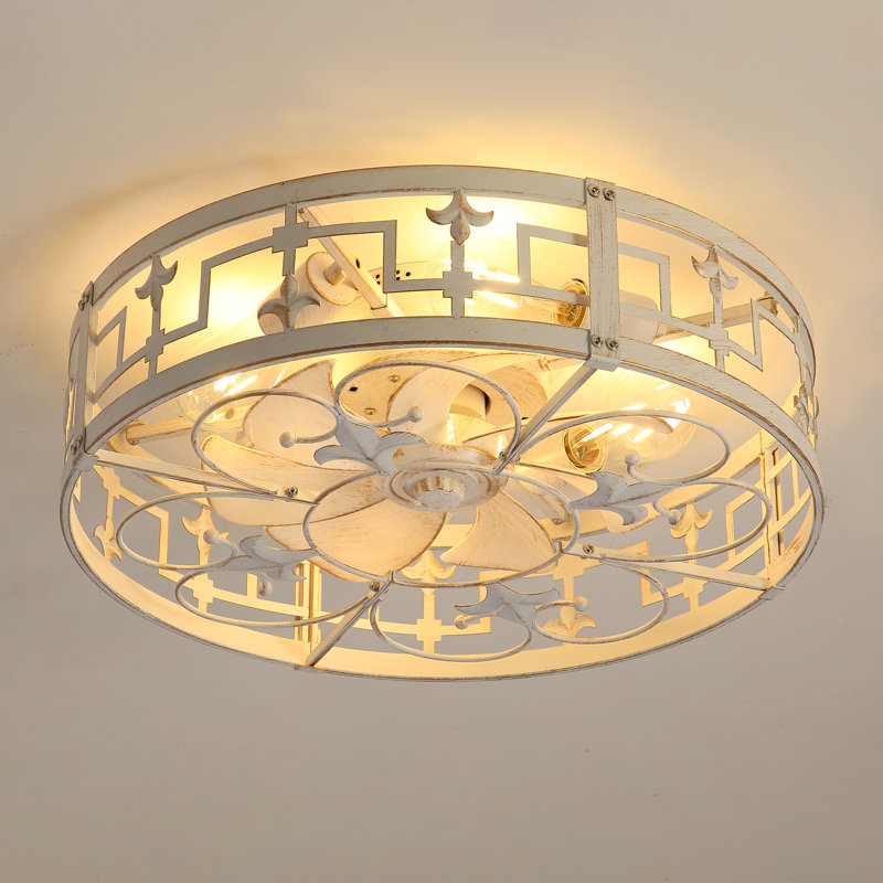 Babson 20" Flush Mount Smart Caged Distressed White Ceiling Fan with Light and Remote Control