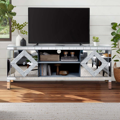 Console multimédia moderne avec portes en miroir en forme de diamant et espace de rangement ouvert
