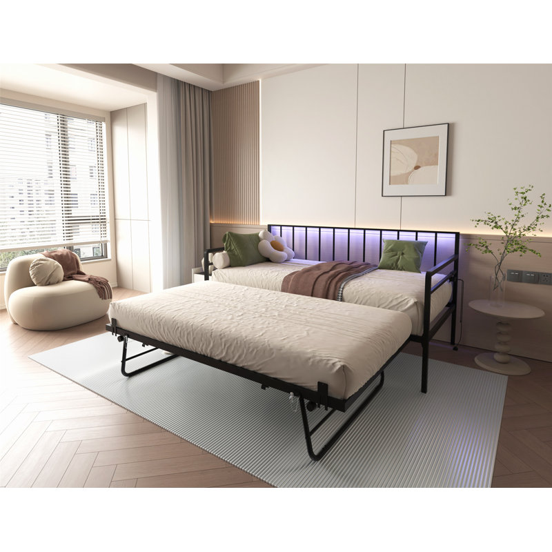 RGB LED Daybed with Charging Station & Trundle - Height Adjustable Metal Sofa Bed Frame, 350lbs Capacity, No Box Spring Needed