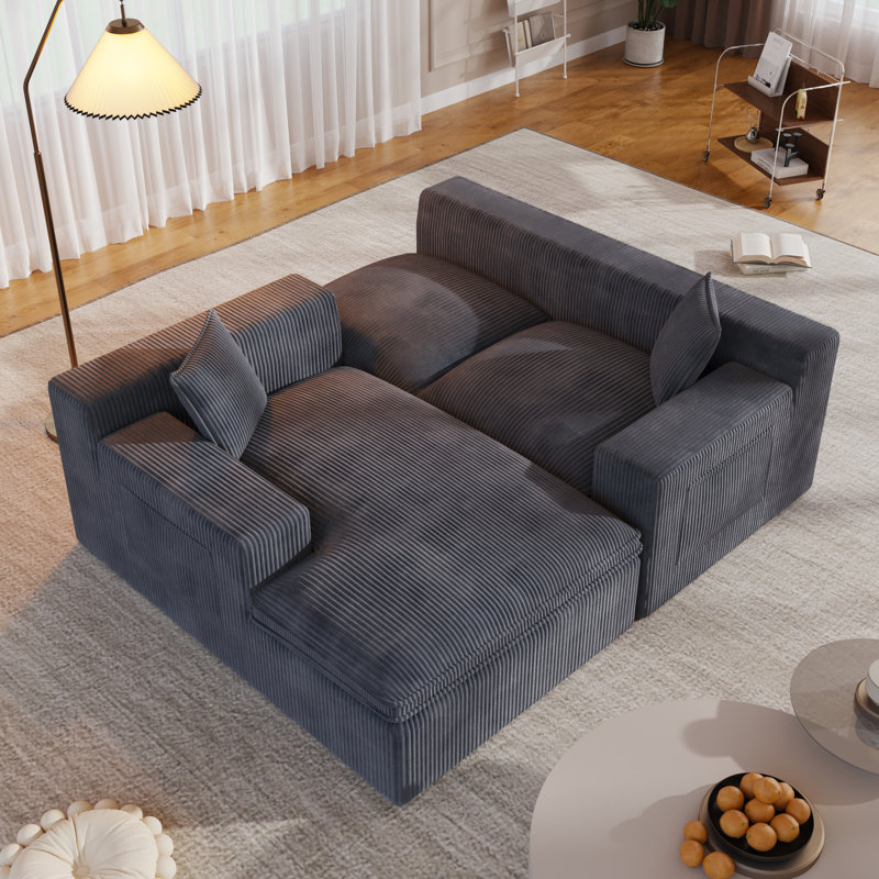 Boneless 108" No Assembly Required Modular Corduroy  Sectional Sofa With Deep Seat, 3 Thickened Seat Cushions, 2 Throw Pillows, Compression Sofa