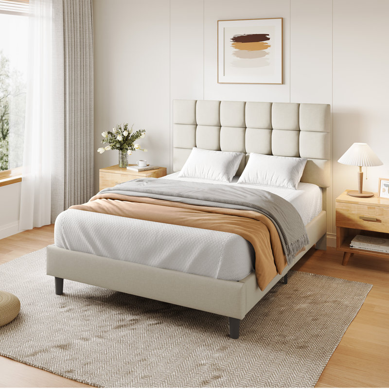 Size Modern Upholstered Bed Frame with Adjustable Square Tufted Headboard, Kingsize (5'), Beige