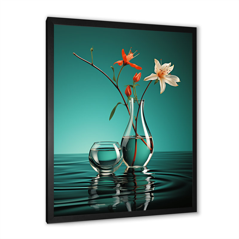 Vase de fleurs turquoise - impression, H 20 po x l 12 po x P 1 po, Cadre simple noir